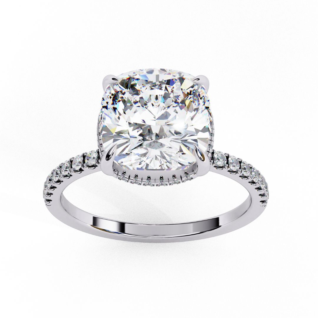 1–5 Carat Cushion Cut Lab Grown Diamond Solitaire Ring with Hidden Halo in 18K Gold