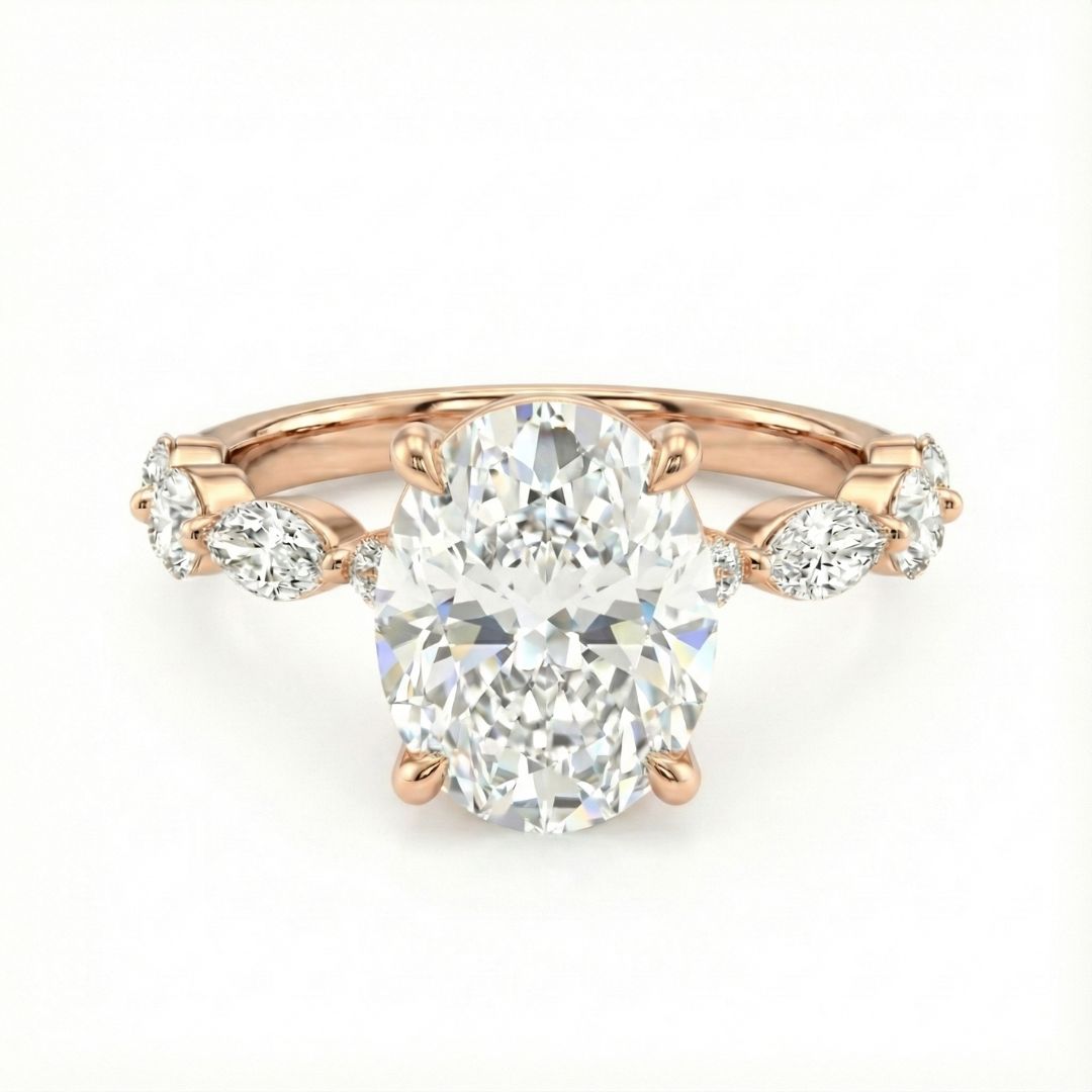 2-5 Carat Oval Lab Grown Diamond Solitaire Ring | Marquise & Round Side Stones | IGI Certified | 18K White, Yellow & Rose Gold