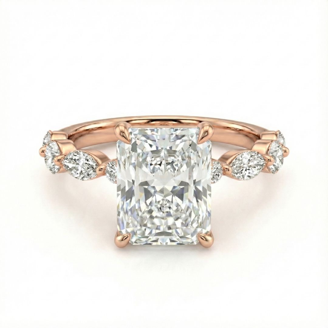2-5 Carat Radiant Lab Grown Diamond Solitaire Ring | Marquise & Round Side Stones | 18K White, Yellow & Rose Gold | IGI Certified