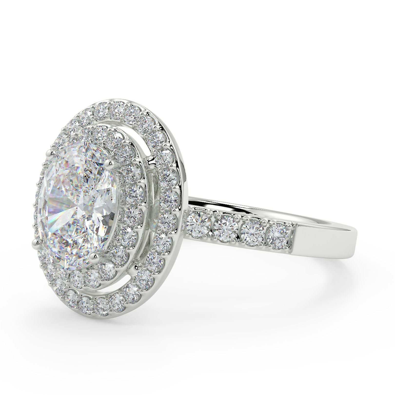 1.5 Carat Oval Lab Grown Diamond Double Halo Ring | Pavé Band | IGI Certified | 18K White Gold