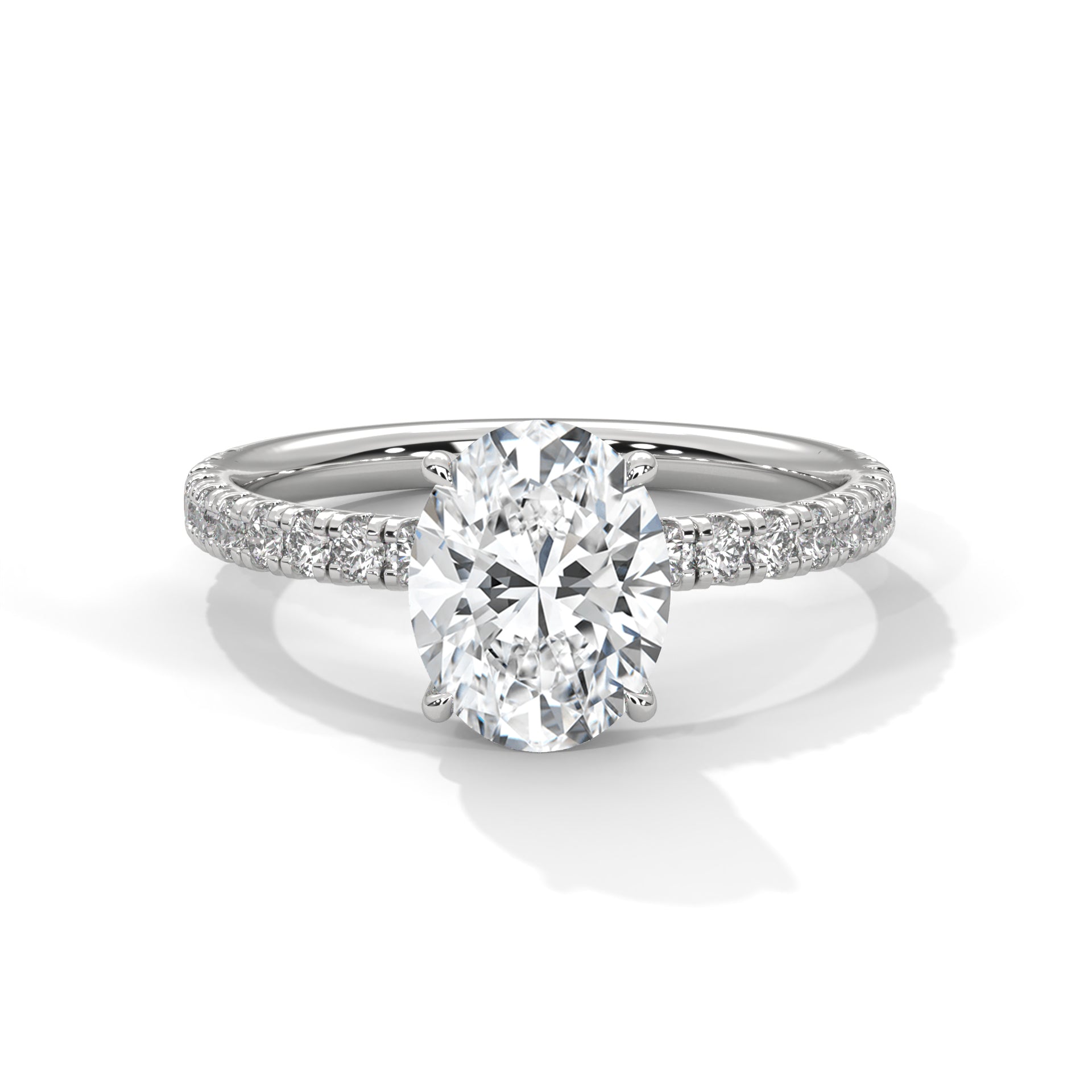 1–3 Carat Oval Lab Grown Diamond Solitaire Ring with Hidden Halo & Pavé Band – Four Prong Setting in 18K Gold