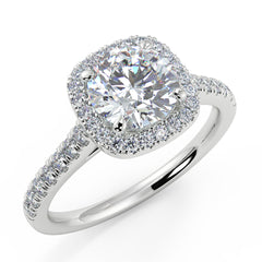 1–2 Carat Round Lab Grown Diamond Solitaire Cushion Halo Ring | Pavé Band | IGI Certified | 18K White Gold