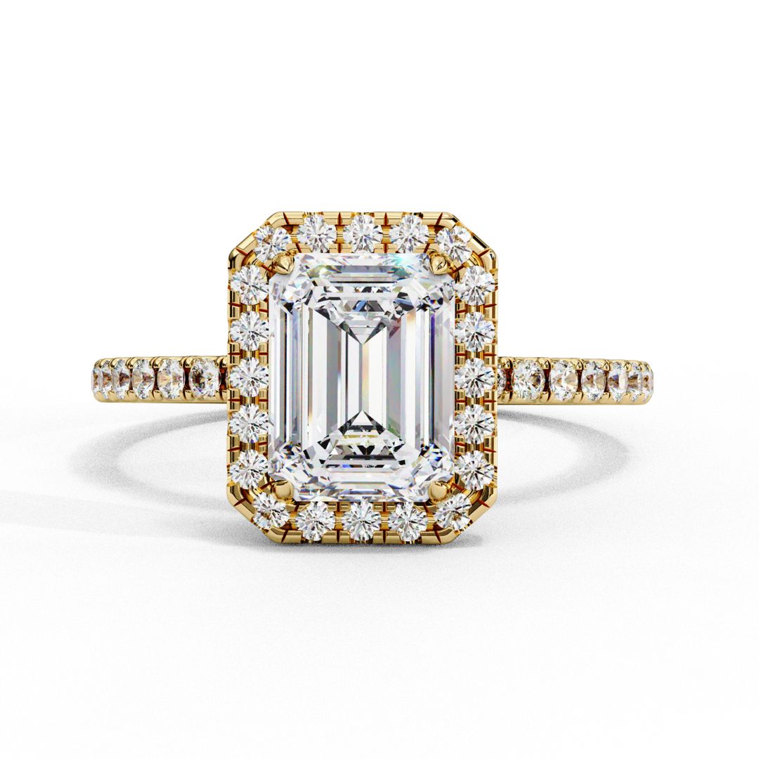 1–5 Carat Emerald Cut Lab Grown Solitaire Diamond Halo Ring in 18K Gold | Pavé Band