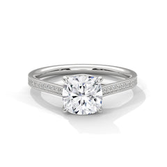 1–3 Carat Cushion Cut Lab Grown Diamond Solitaire Ring with Pavé Diamond Band – Four Prong Setting in 18K Gold