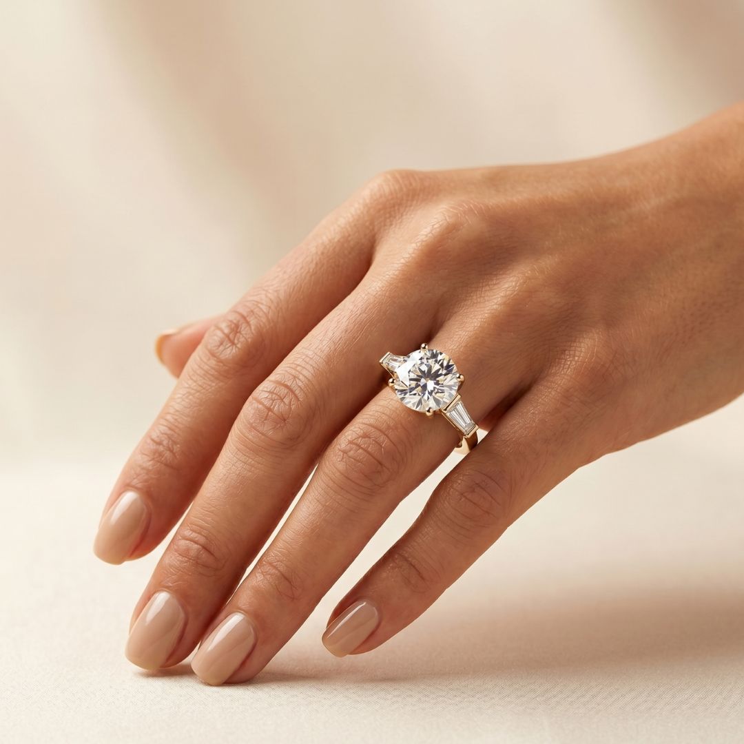 Round Brilliant Cut Diamond Trilogy Engagement Solitaire Ring | 1 to 5 Carat Centre | Tapered Baguette Side Diamonds | 18K White, Yellow, or Rose Gold