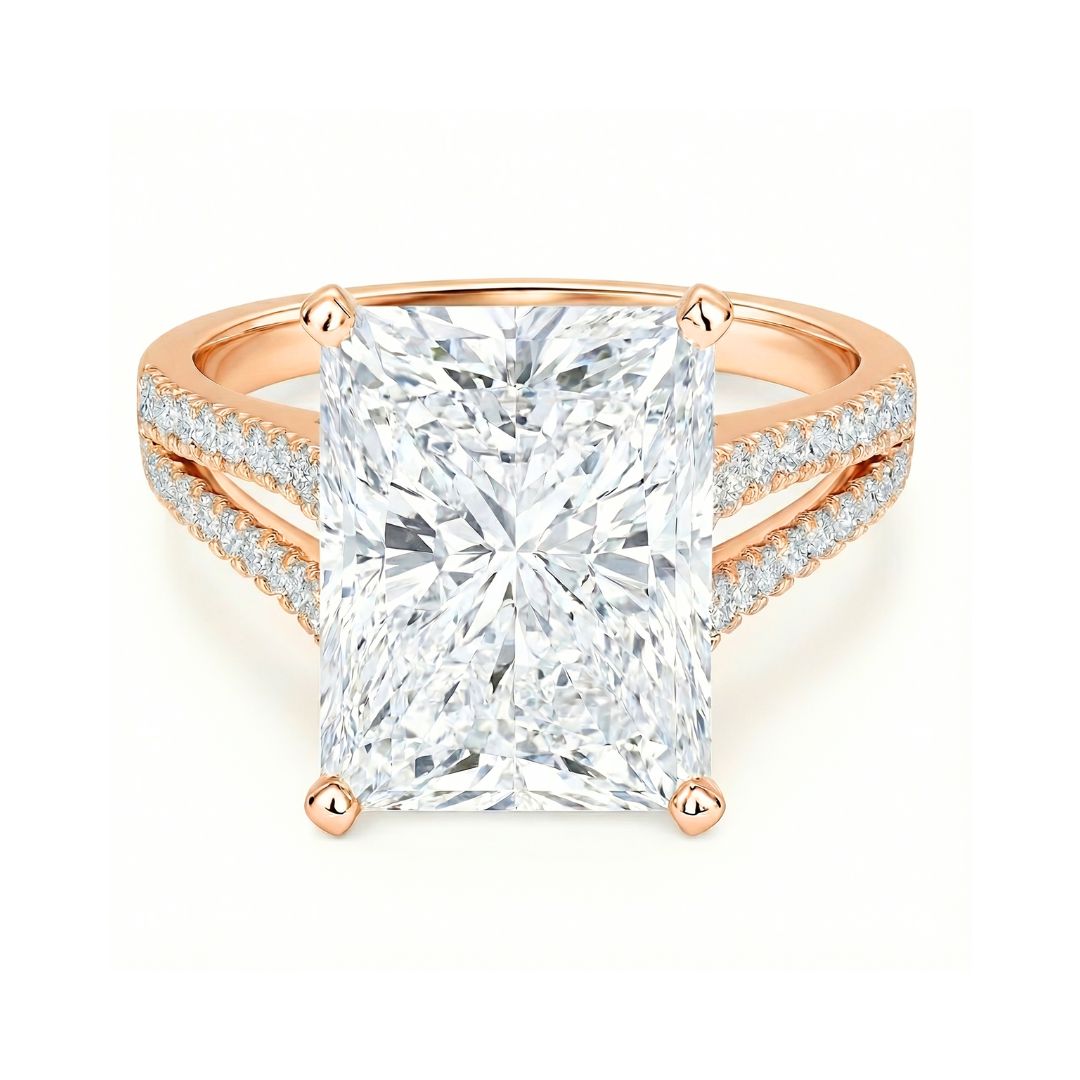3-5 Carat Radiant Cut Lab-Grown Diamond Solitaire Ring with Split Shank Pavé Setting in 18K Gold