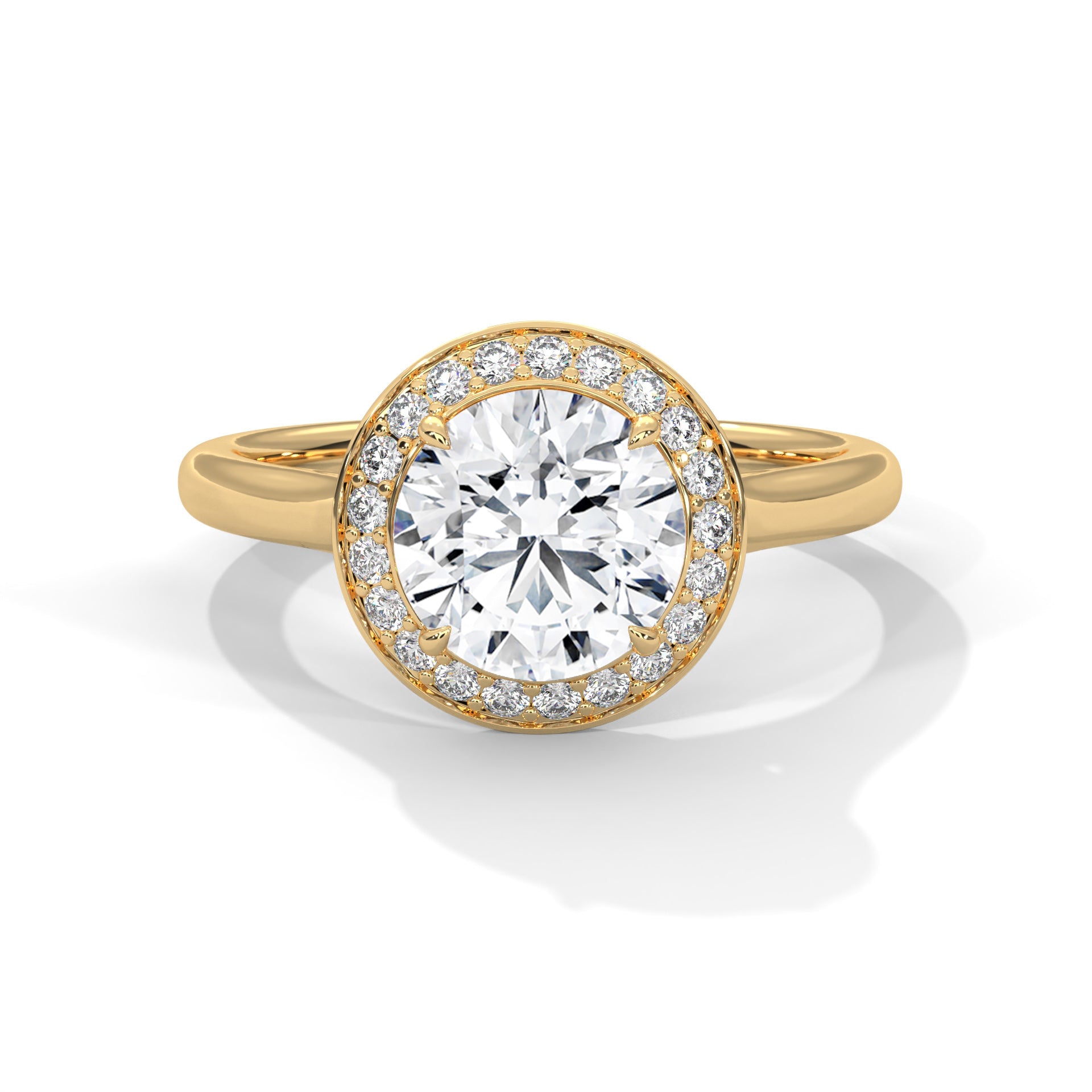 1–3 Carat Round Lab Grown Solitaire Diamond Halo Ring – Four Prong Setting in 18K Gold