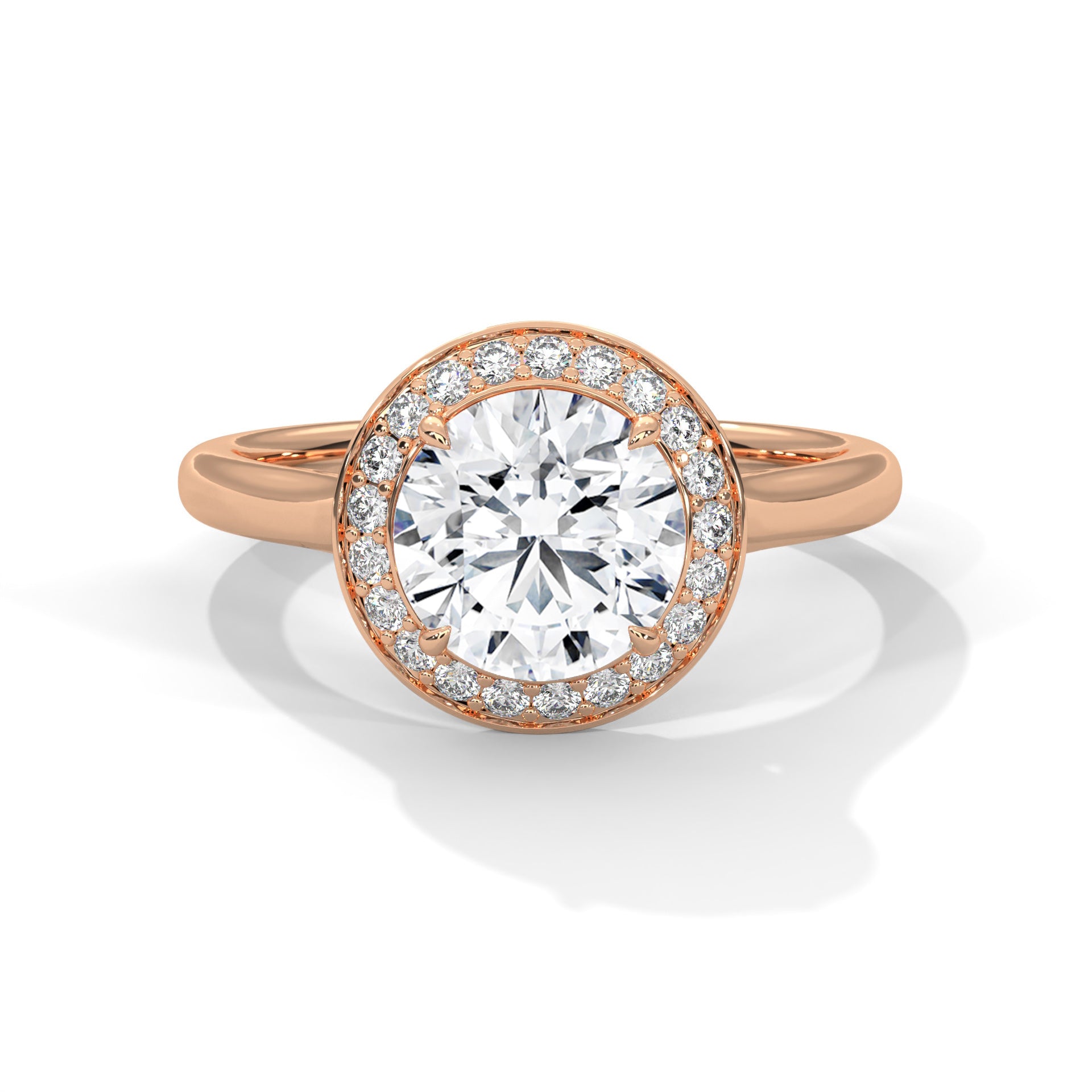1–3 Carat Round Lab Grown Solitaire Diamond Halo Ring – Four Prong Setting in 18K Gold