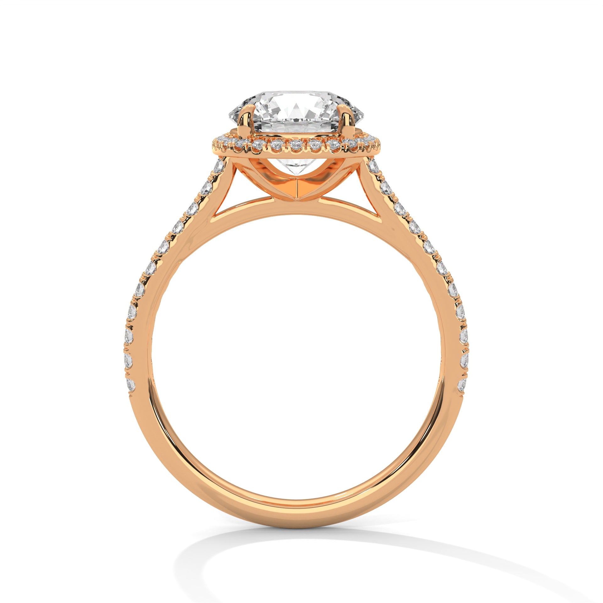 1–3 Carat Round Lab Grown Diamond Solitaire Halo Ring with Pavé Band – 18K White, Yellow or Rose Gold