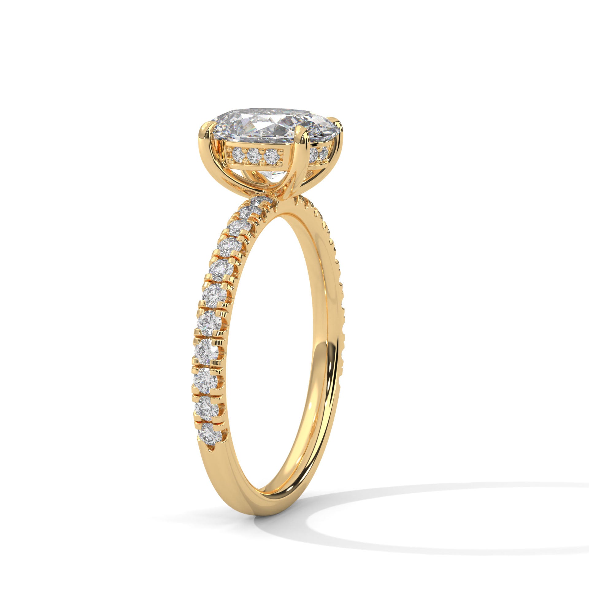 1–3 Carat Oval Lab Grown Diamond Solitaire Ring with Hidden Halo & Pavé Band – Four Prong Setting in 18K Gold