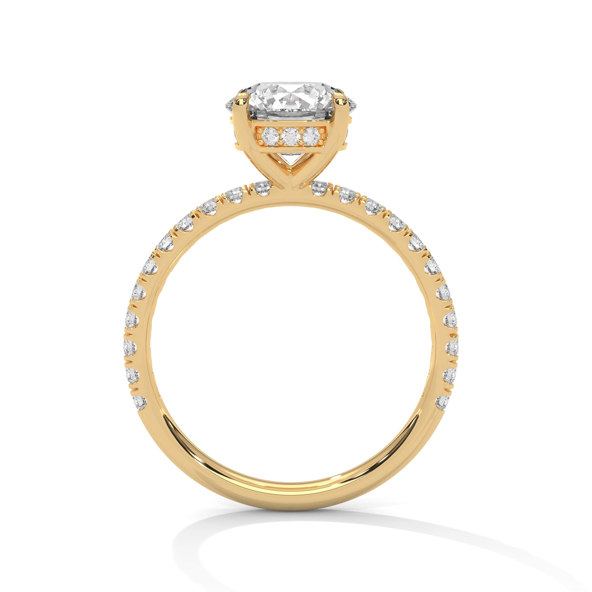 1–3 Carat Round Lab Grown Diamond Solitaire Ring with Hidden Halo & Pavé Band – Four Prong Setting in 18K Gold