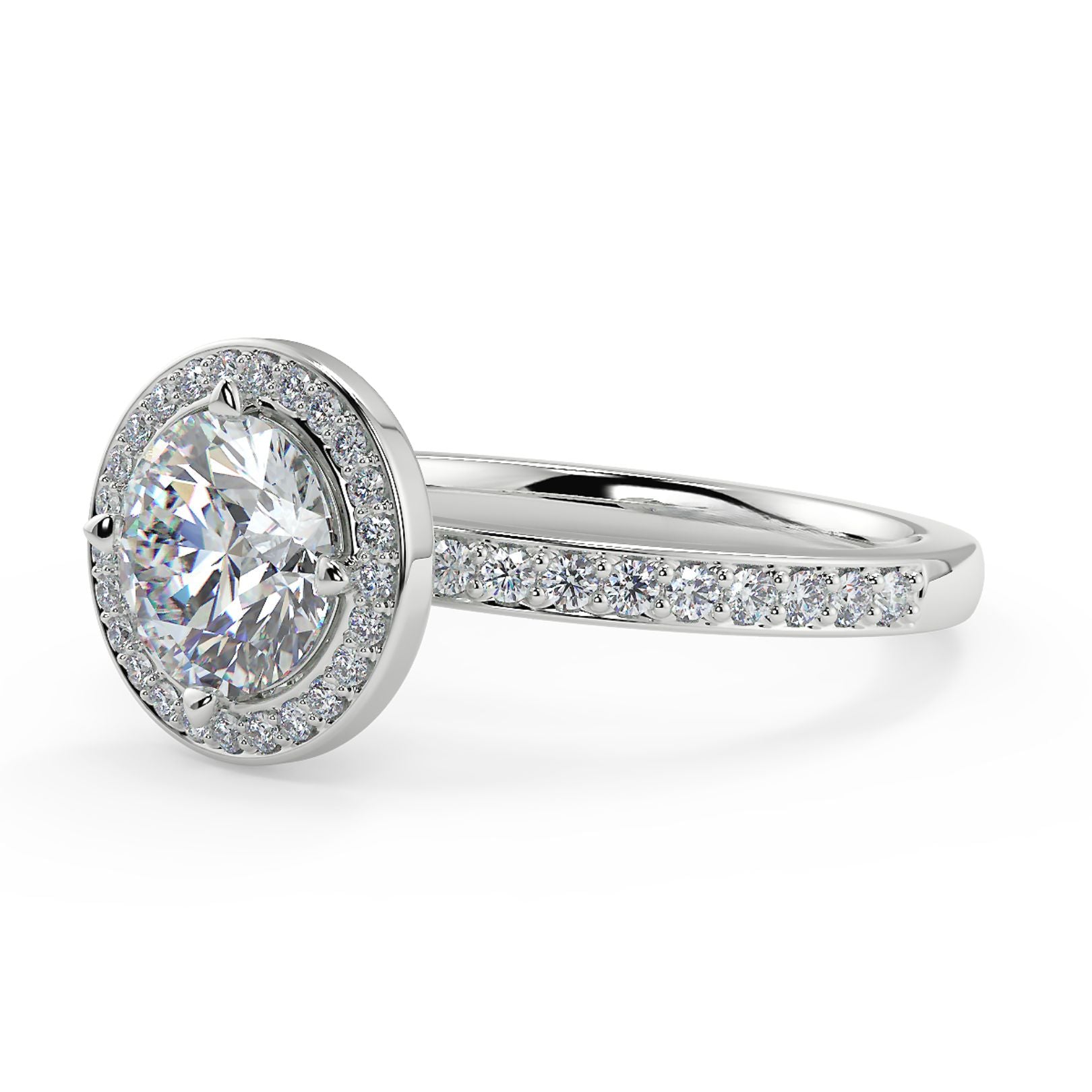 1–2 Carat Round Lab Grown Diamond Solitaire Halo Ring | Pavé Band | IGI Certified | 18K White Gold