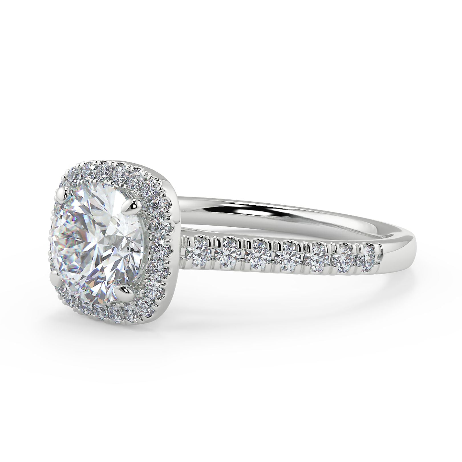 1–2 Carat Round Lab Grown Diamond Solitaire Cushion Halo Ring | Pavé Band | IGI Certified | 18K White Gold