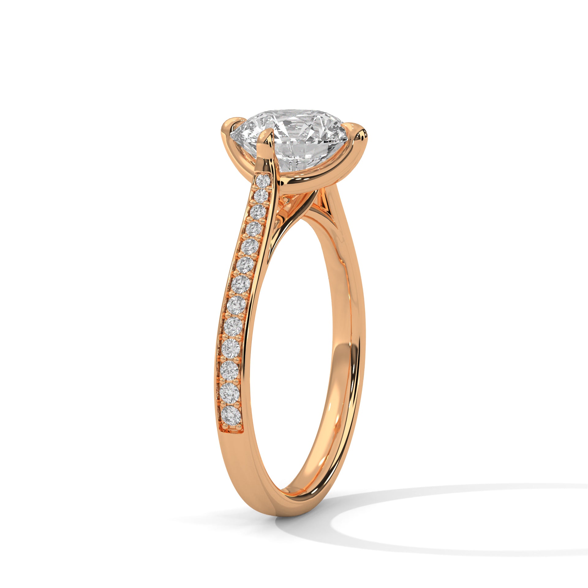 1–3 Carat Round Lab Grown Diamond Solitaire Ring with Pavé Diamond Band – 18K Gold
