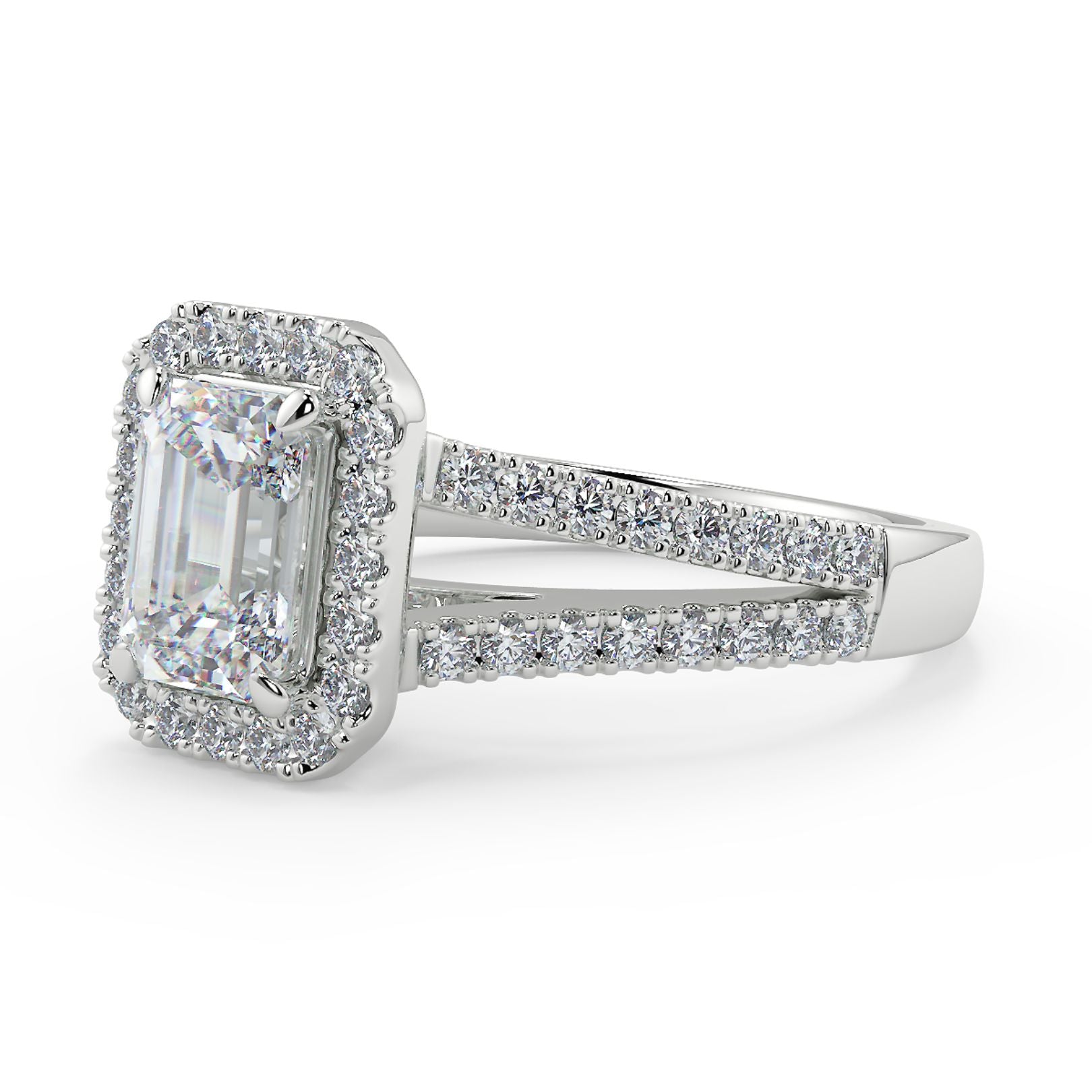 1–2 Carat Emerald Cut Lab Grown Diamond Solitaire Halo Ring | Split Shank Pavé Band | IGI Certified | 18K White Gold