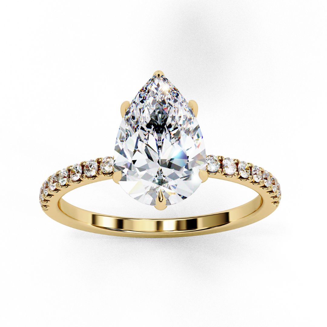 1–5 Carat Pear Cut Lab Grown Diamond Solitaire Ring with Hidden Halo in 18K Gold