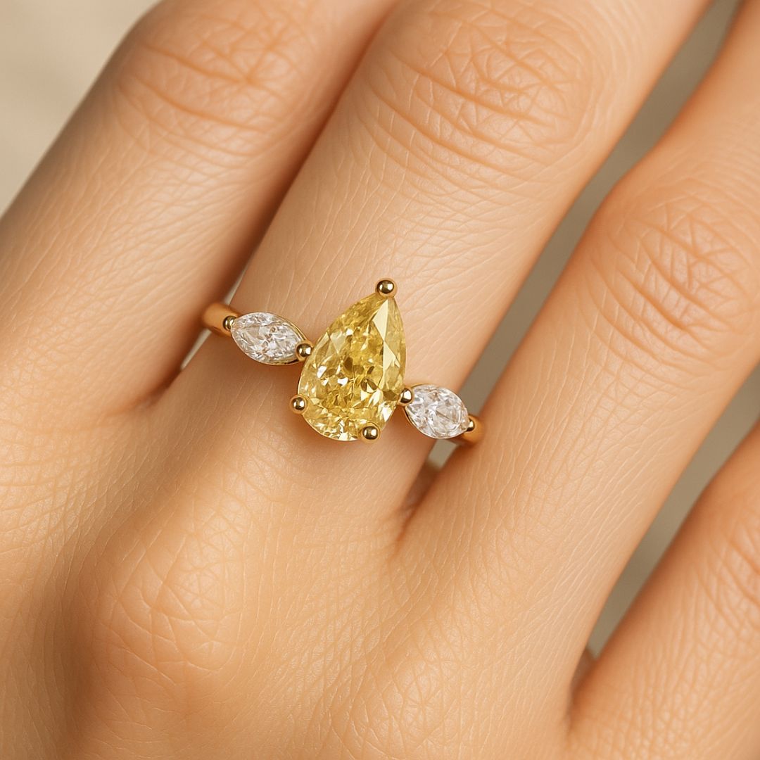 1.50ct Fancy Yellow Lab Grown Diamond Trilogy Ring | Three Stone Pear Solitaire with Marquise Side Diamonds | 18k Gold
