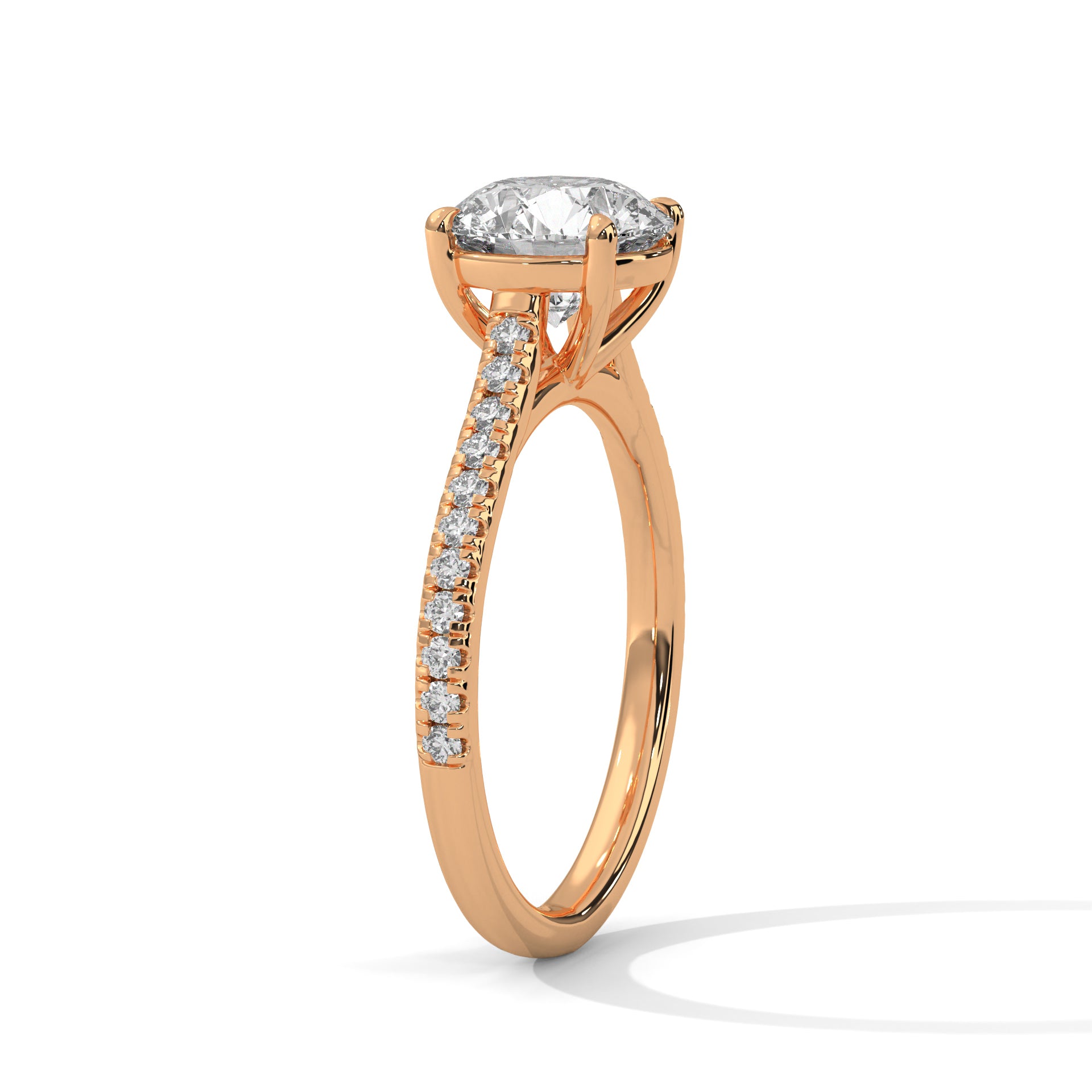 1–3 Carat Round Brilliant Lab Grown Diamond Solitaire Ring with Pavé Band – Four-Prong Setting, 18K Gold