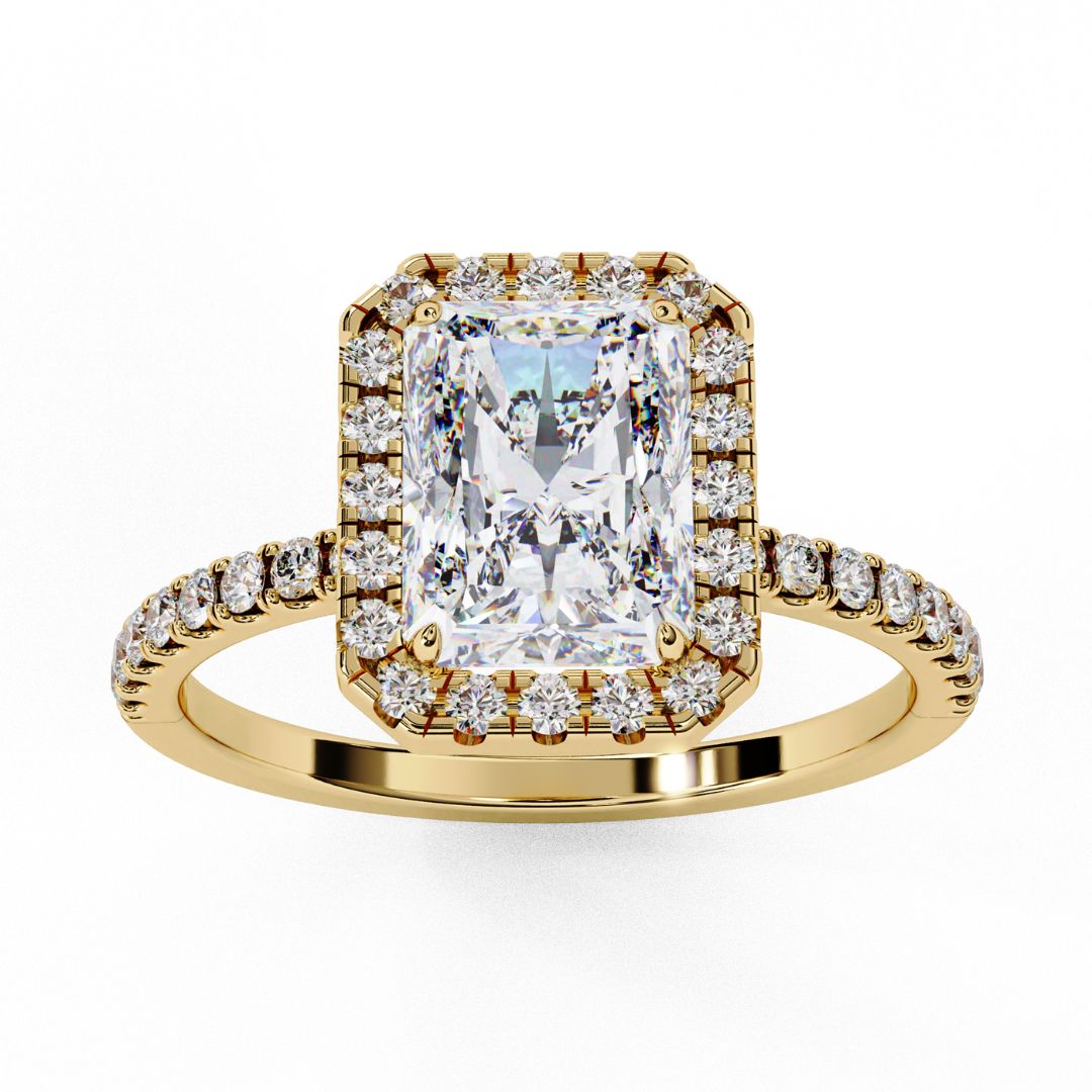 1–2 Carat Radiant Cut Lab Grown Solitaire Diamond Halo Ring in 18K Gold | Pavé Band Engagement Ring