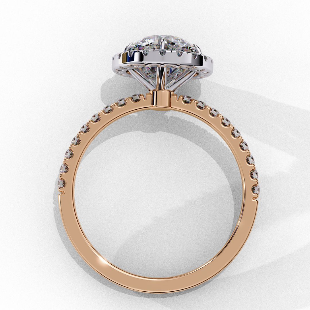1–2 Carat Round Lab Grown Solitaire Diamond Halo Ring in 18K Gold | Pavé Band Engagement Ring