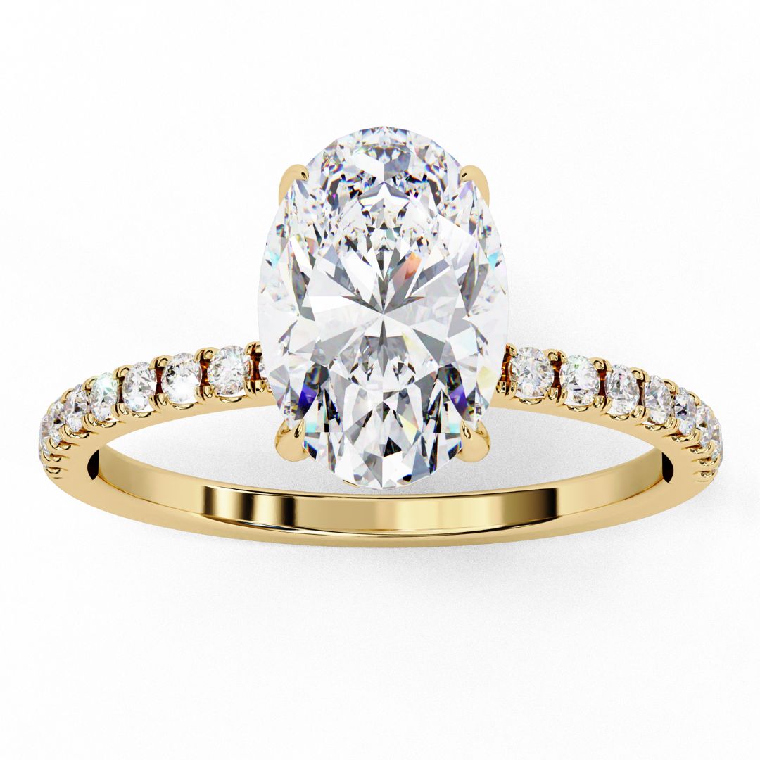 1–5 Carat Oval Lab Grown Solitaire Diamond Ring with Hidden Halo in 18K Gold | Pavé Band