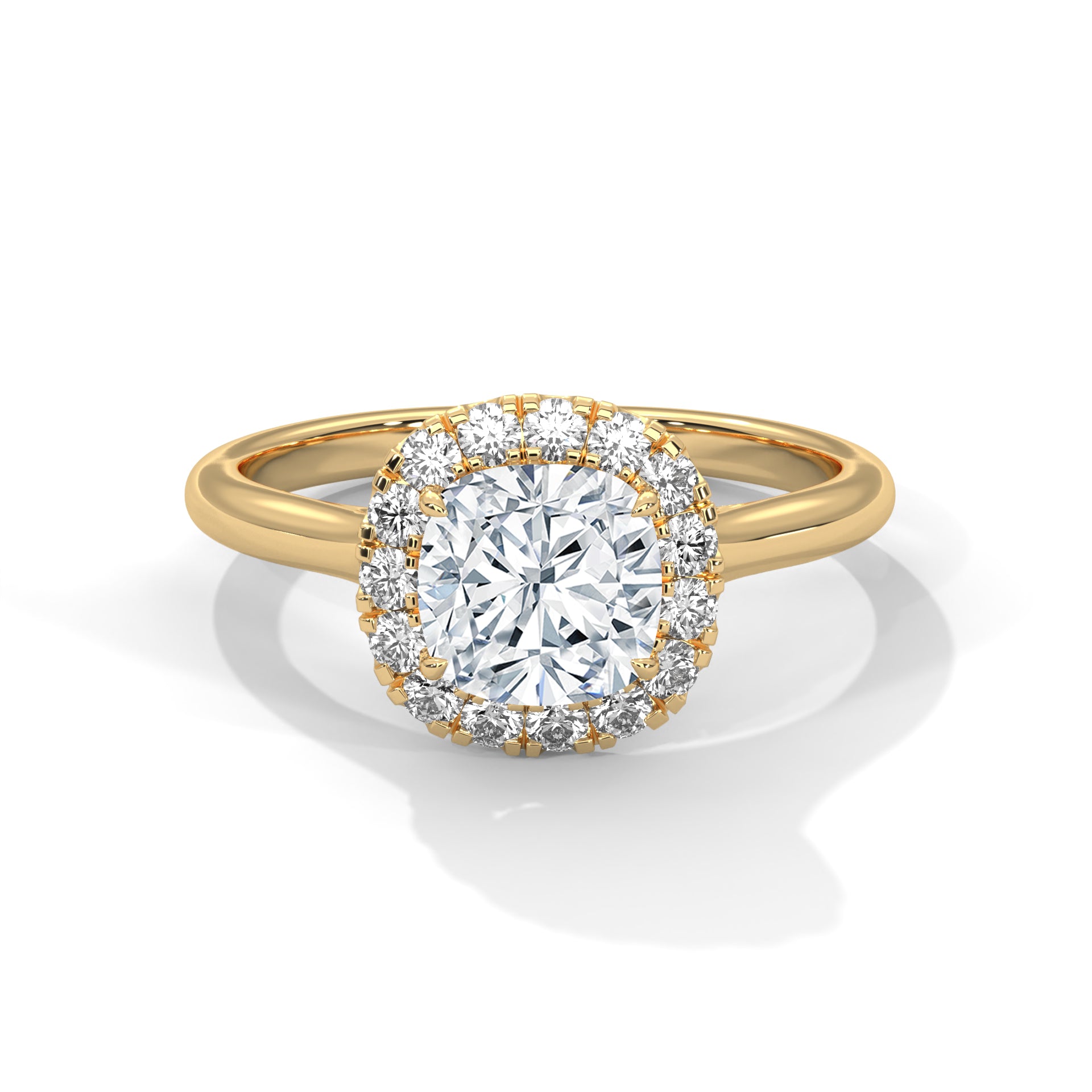 1–3 Carat Cushion Cut Lab Grown Diamond Halo Engagement Ring – Four Prong Setting with Plain Band in 18K Gold
