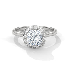 1–3 Carat Cushion Cut Lab Grown Diamond Halo Engagement Ring – Four Prong Setting with Plain Band in 18K Gold