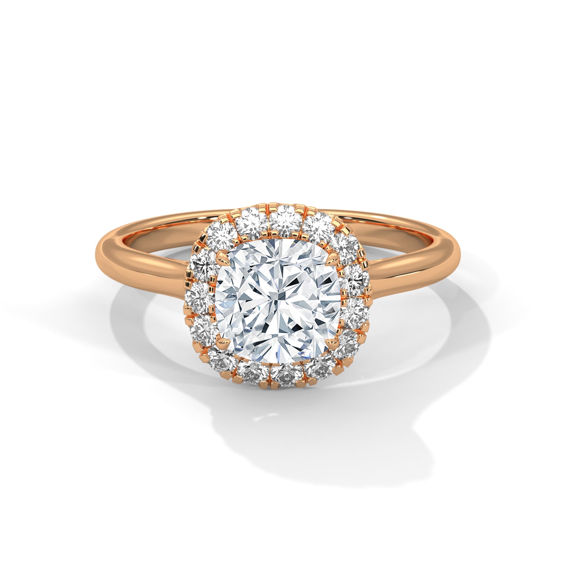 1–3 Carat Cushion Cut Lab Grown Diamond Halo Engagement Ring – Four Prong Setting with Plain Band in 18K Gold
