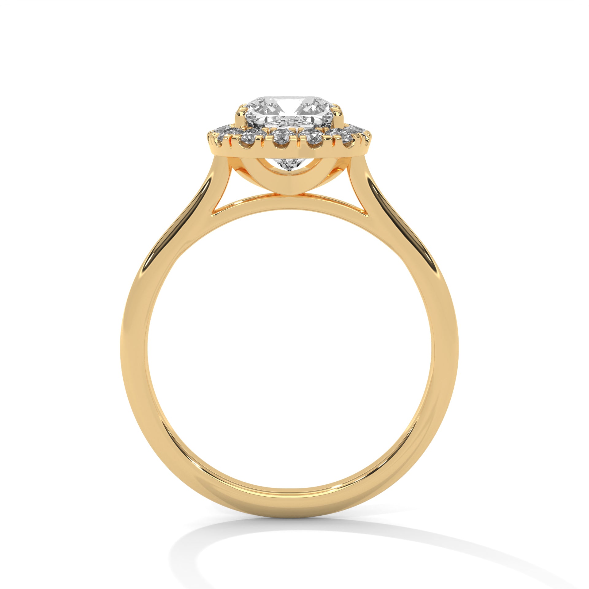 1–3 Carat Cushion Cut Lab Grown Diamond Halo Engagement Ring – Four Prong Setting with Plain Band in 18K Gold