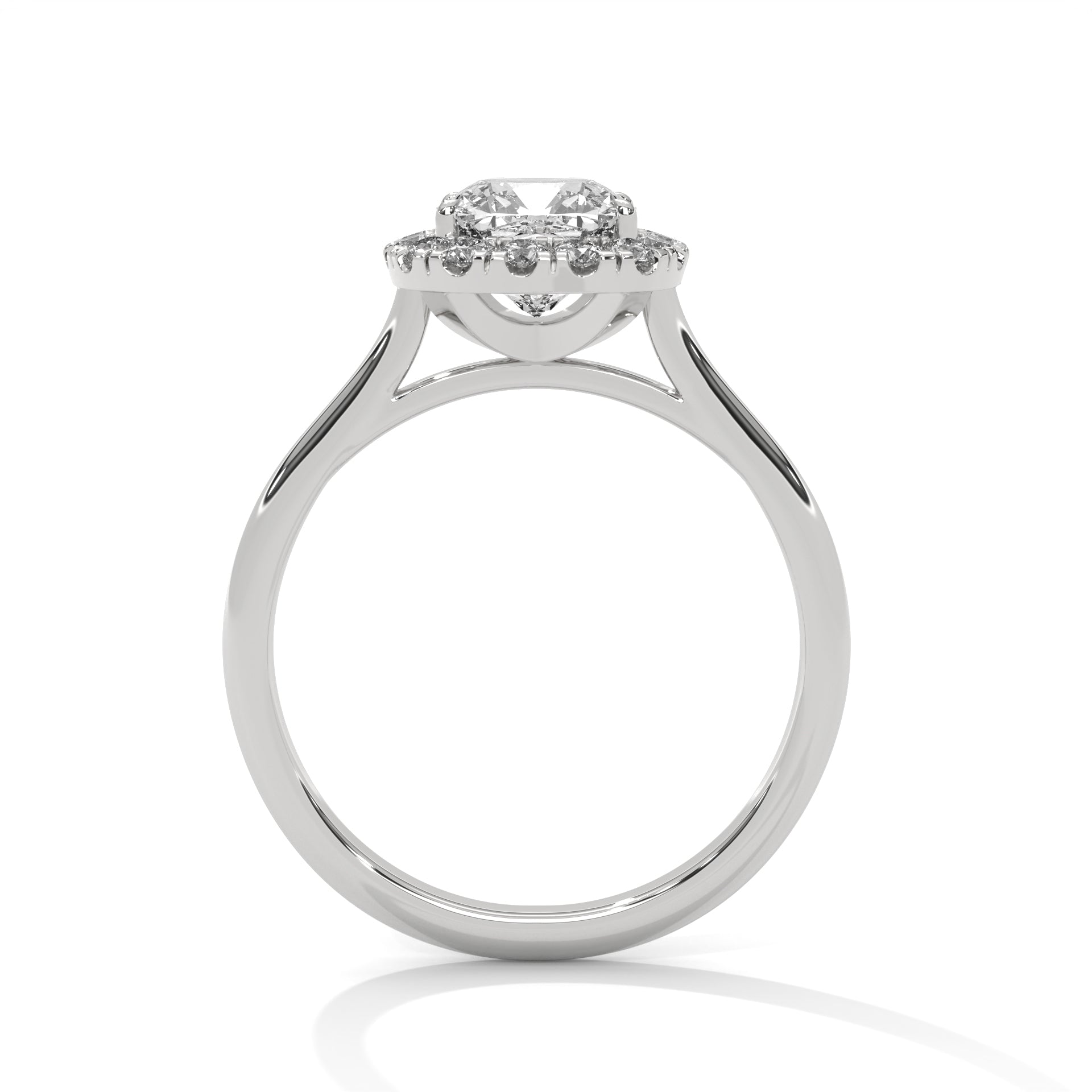 1–3 Carat Cushion Cut Lab Grown Diamond Halo Engagement Ring – Four Prong Setting with Plain Band in 18K Gold