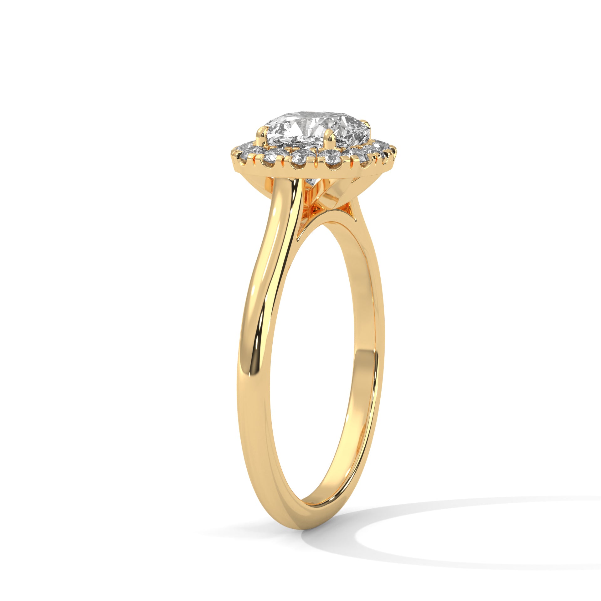 1–3 Carat Cushion Cut Lab Grown Diamond Halo Engagement Ring – Four Prong Setting with Plain Band in 18K Gold