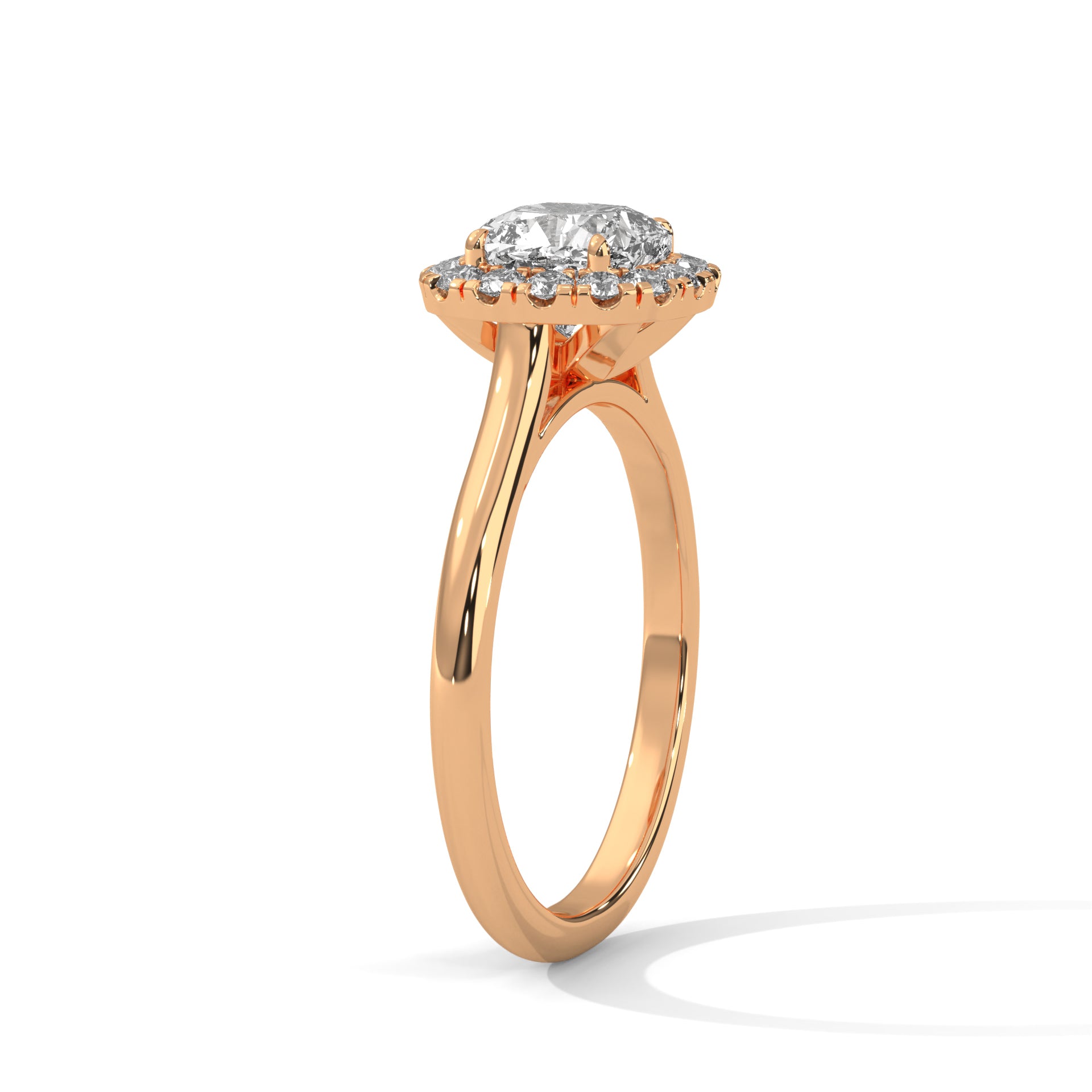 1–3 Carat Cushion Cut Lab Grown Diamond Halo Engagement Ring – Four Prong Setting with Plain Band in 18K Gold