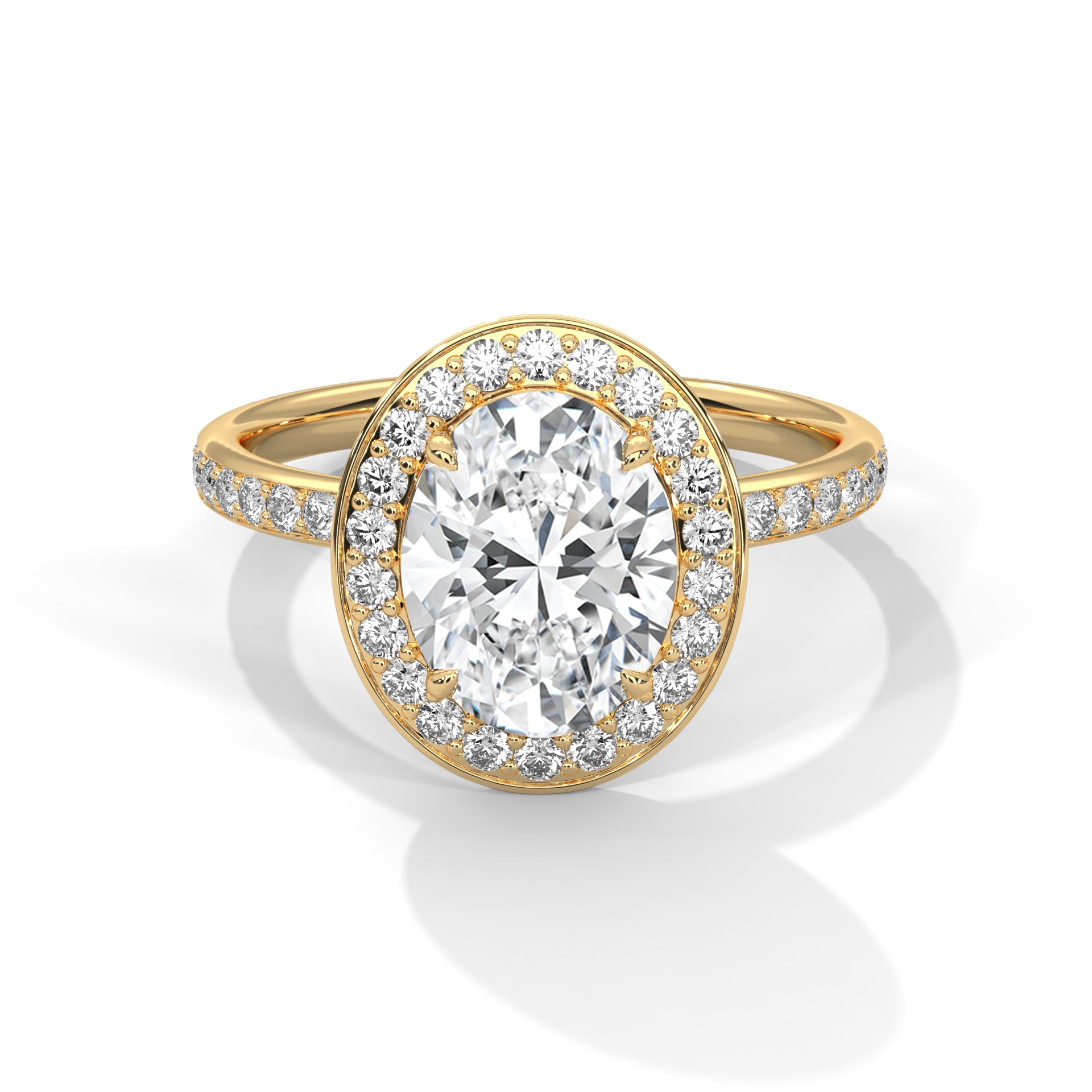1–3 Carat Oval Lab Grown Diamond Halo Engagement Ring with Pavé Band – 18K Gold