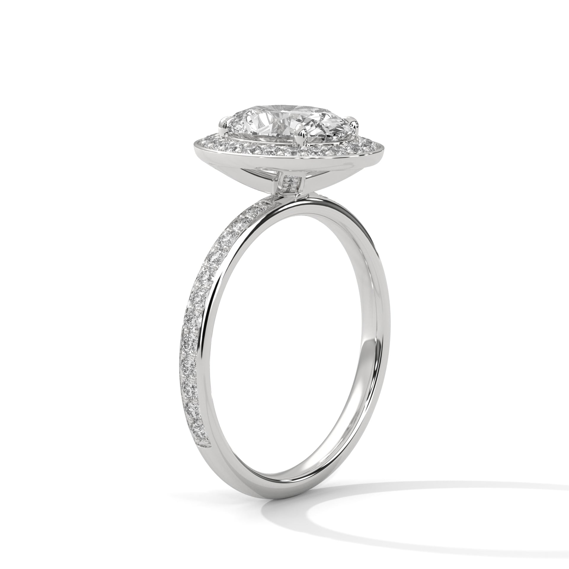 1–3 Carat Oval Lab Grown Diamond Halo Engagement Ring with Pavé Band – 18K Gold