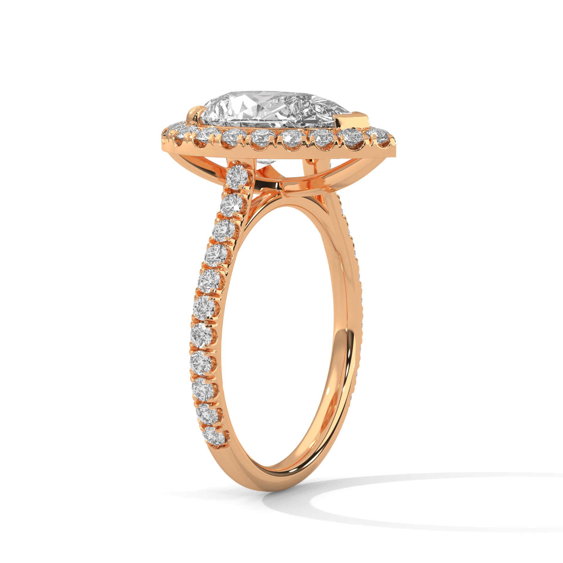 1–3 Carat Pear Lab Grown Diamond Halo Engagement Ring with Pavé Band – 18K Gold