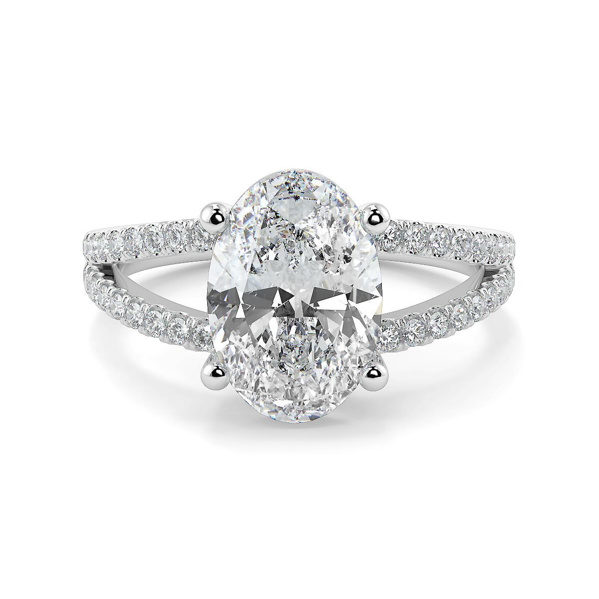 1–5 Carat Oval Cut Lab Grown Solitaire Diamond Ring with Split Shank in 18K Gold | Pavé Band