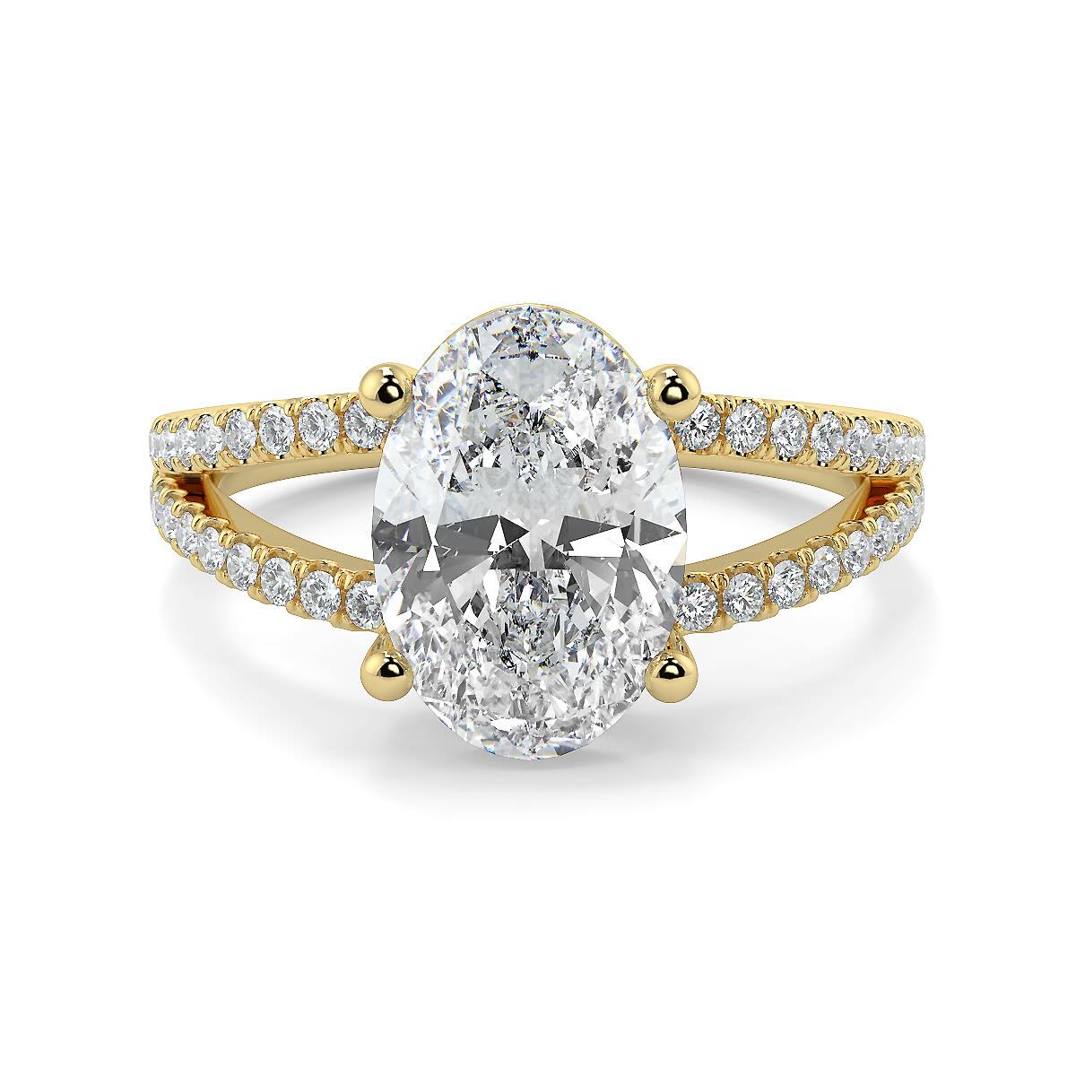1–5 Carat Oval Cut Lab Grown Solitaire Diamond Ring with Split Shank in 18K Gold | Pavé Band