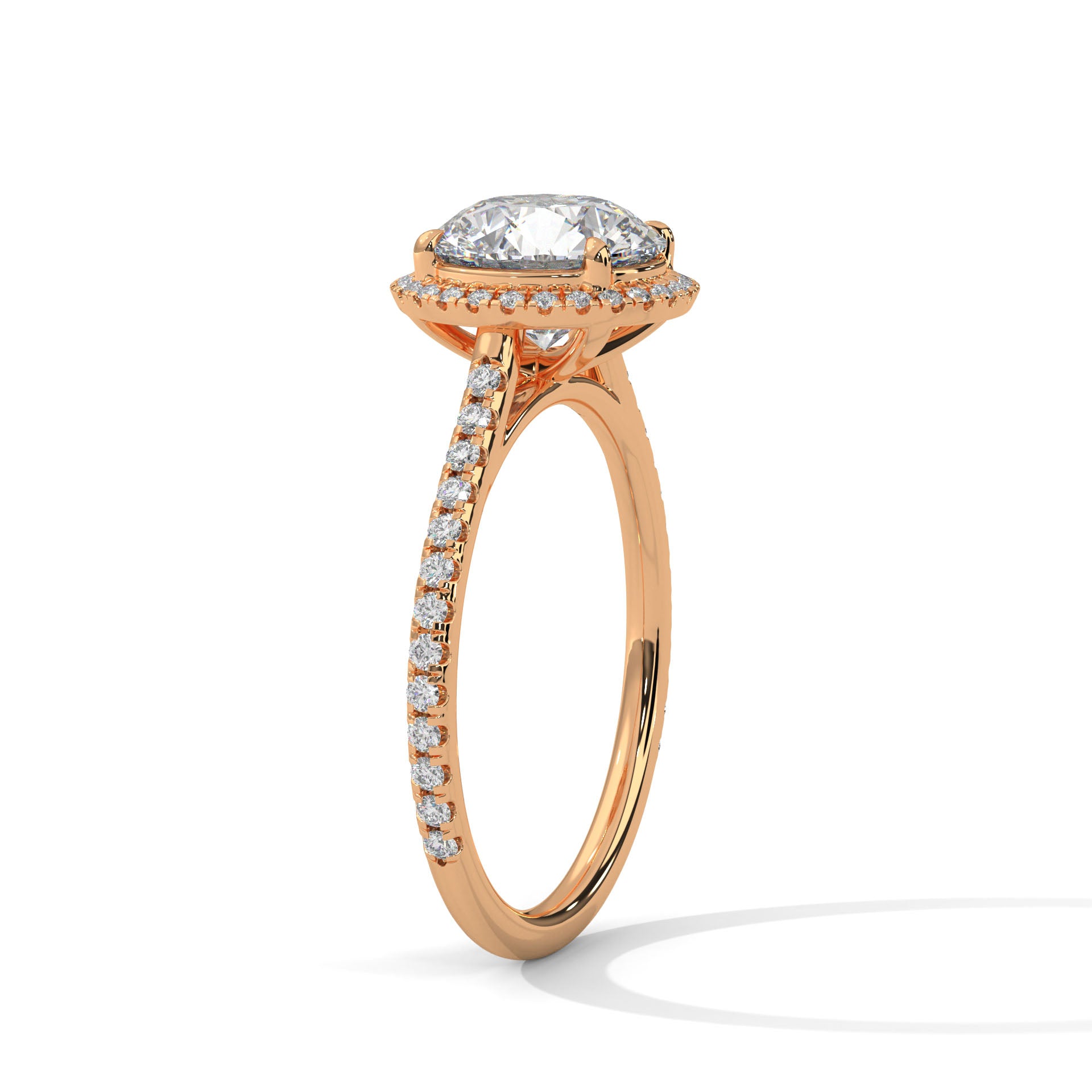 1–3 Carat Round Lab Grown Solitaire Diamond Halo Ring with Pavé Band – Four Prong Setting in 18K Gold