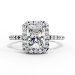 1–2 Carat Radiant Cut Lab Grown Solitaire Diamond Halo Ring in 18K Gold | Pavé Band Engagement Ring