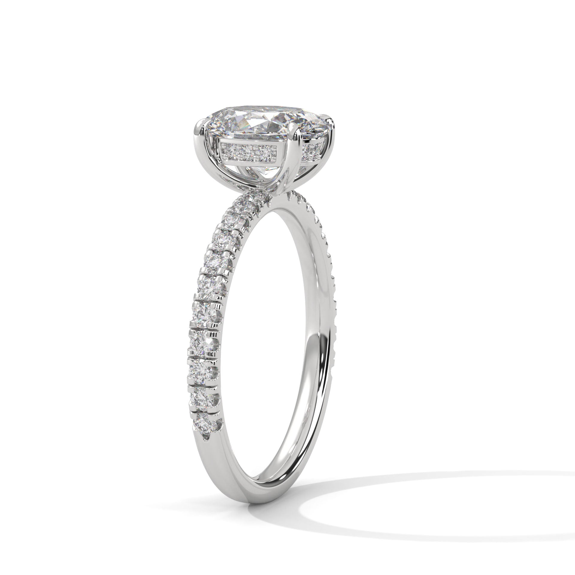 1–3 Carat Oval Lab Grown Diamond Solitaire Ring with Hidden Halo & Pavé Band – Four Prong Setting in 18K Gold