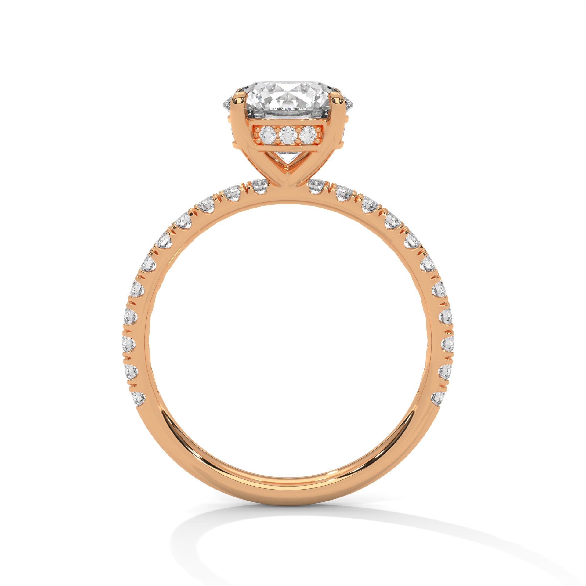 1–3 Carat Round Lab Grown Diamond Solitaire Ring with Hidden Halo & Pavé Band – Four Prong Setting in 18K Gold