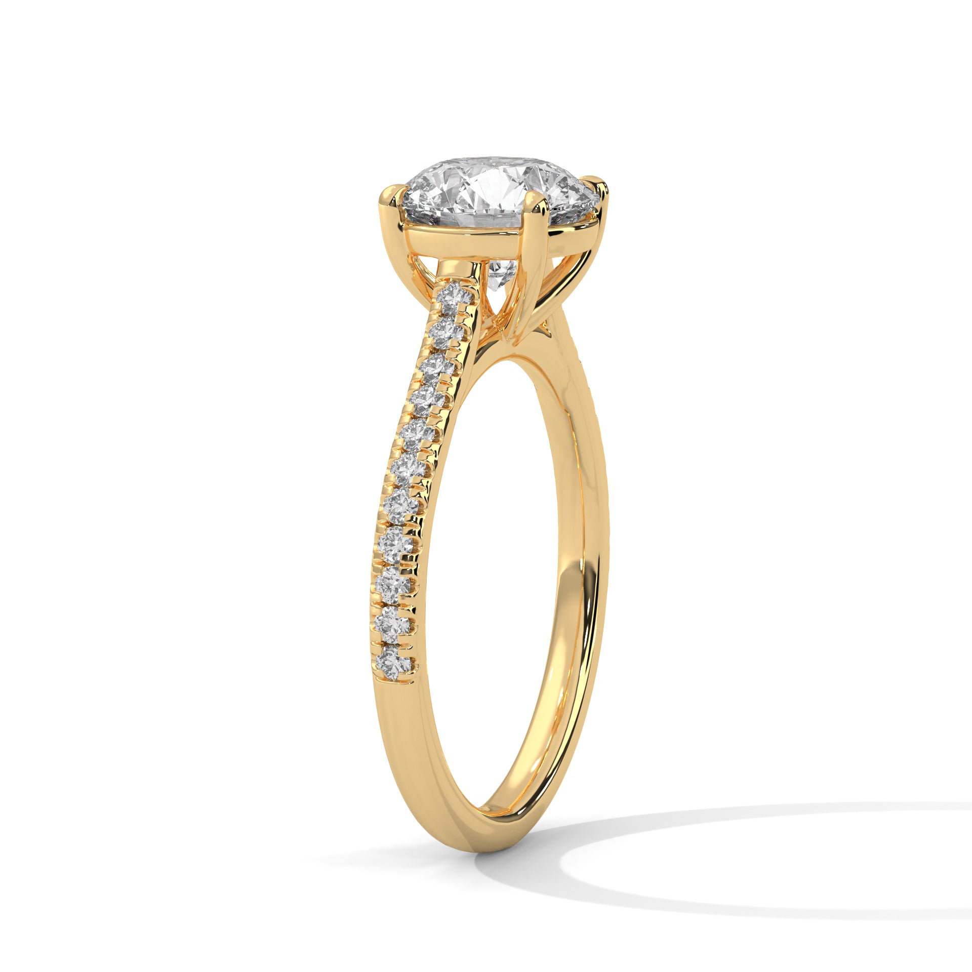 1–3 Carat Round Brilliant Lab Grown Diamond Solitaire Ring with Pavé Band – Four-Prong Setting, 18K Gold