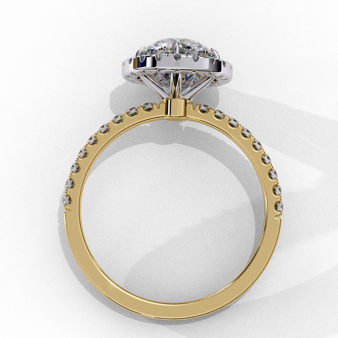 1–2 Carat Round Lab Grown Solitaire Diamond Halo Ring in 18K Gold | Pavé Band Engagement Ring