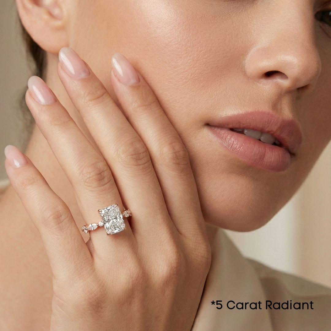 2-5 Carat Radiant Lab Grown Diamond Solitaire Ring | Marquise & Round Side Stones | 18K White, Yellow & Rose Gold | IGI Certified
