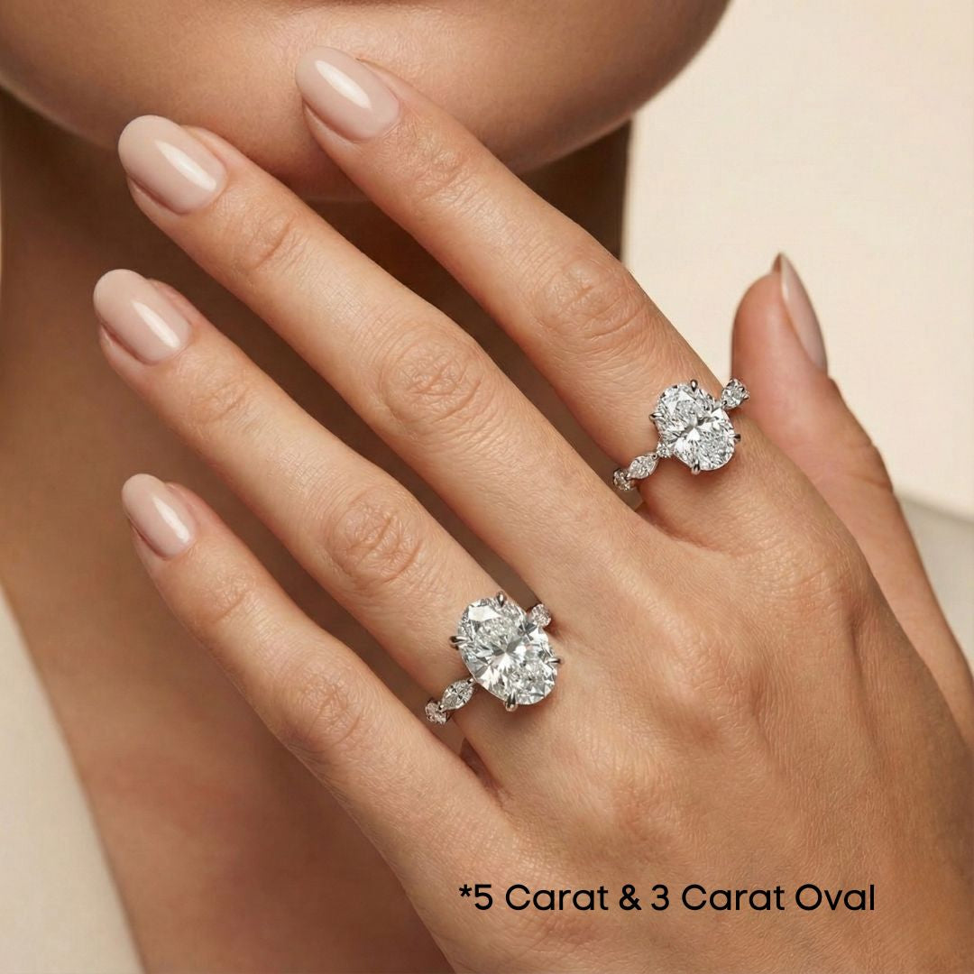 2-5 Carat Oval Lab Grown Diamond Solitaire Ring | Marquise & Round Side Stones | IGI Certified | 18K White, Yellow & Rose Gold