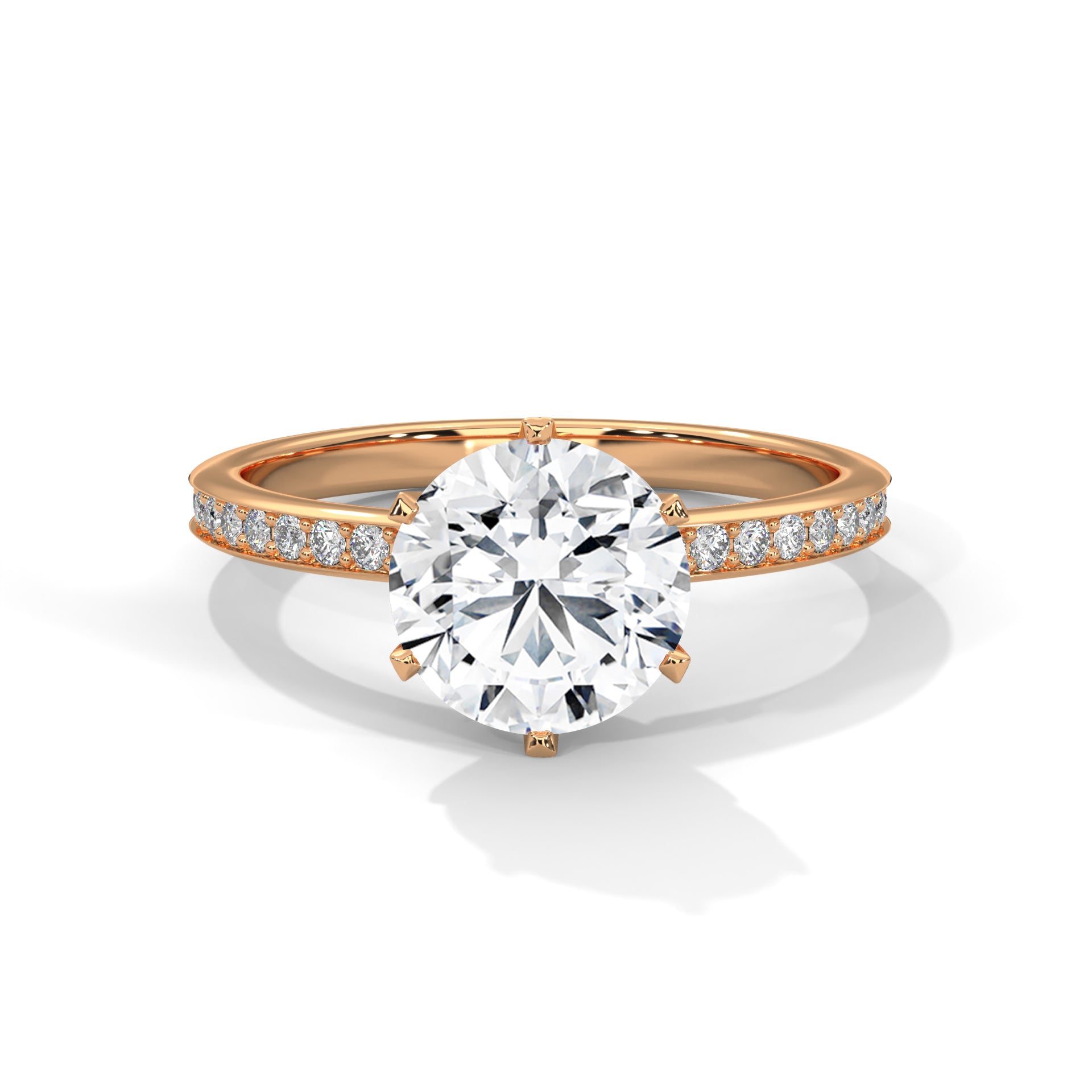 1–3 Carat Round Lab Grown Diamond Solitaire Ring – Pave Band, Six-Prong Setting in 18K Gold