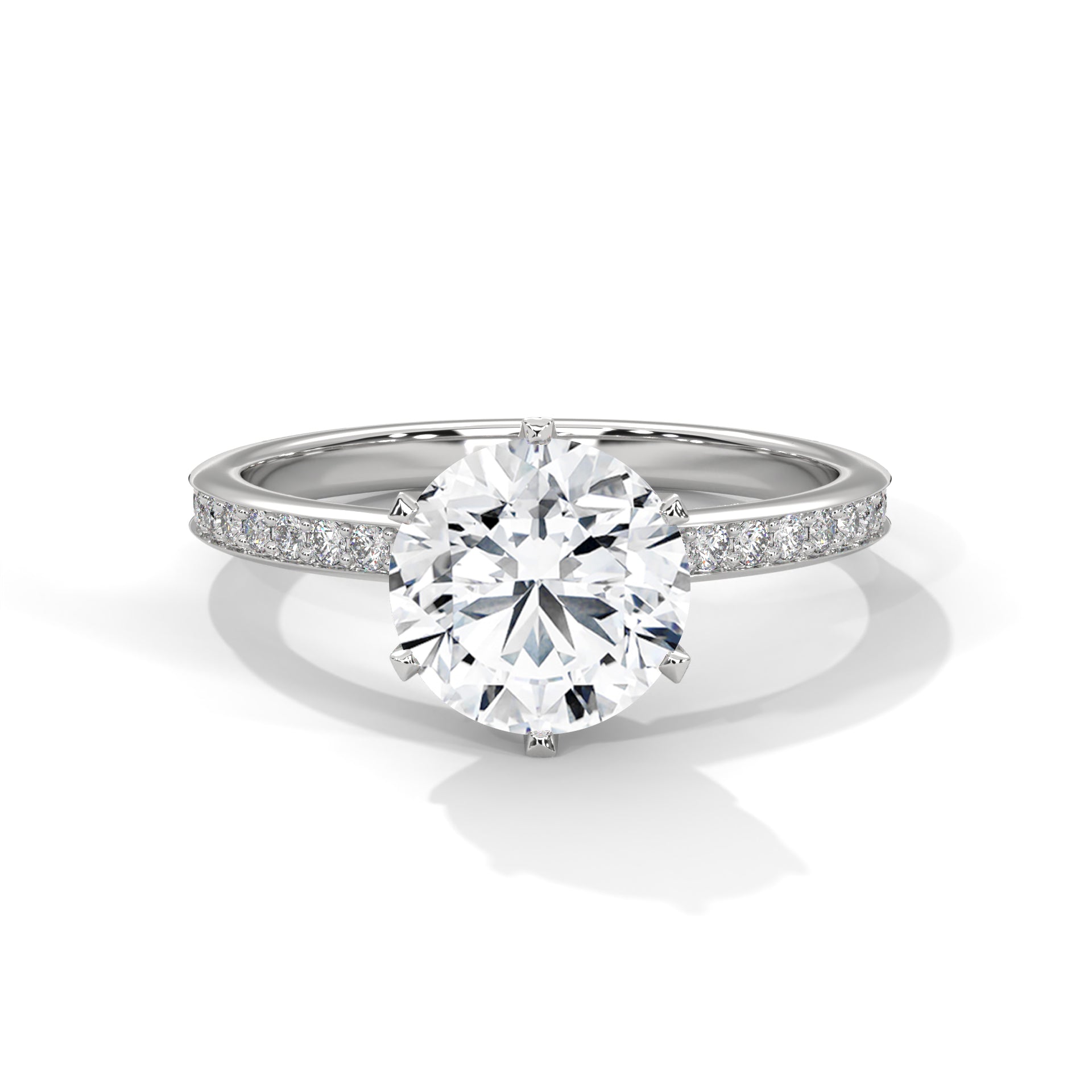 1–3 Carat Round Lab Grown Diamond Solitaire Ring – Pave Band, Six-Prong Setting in 18K Gold