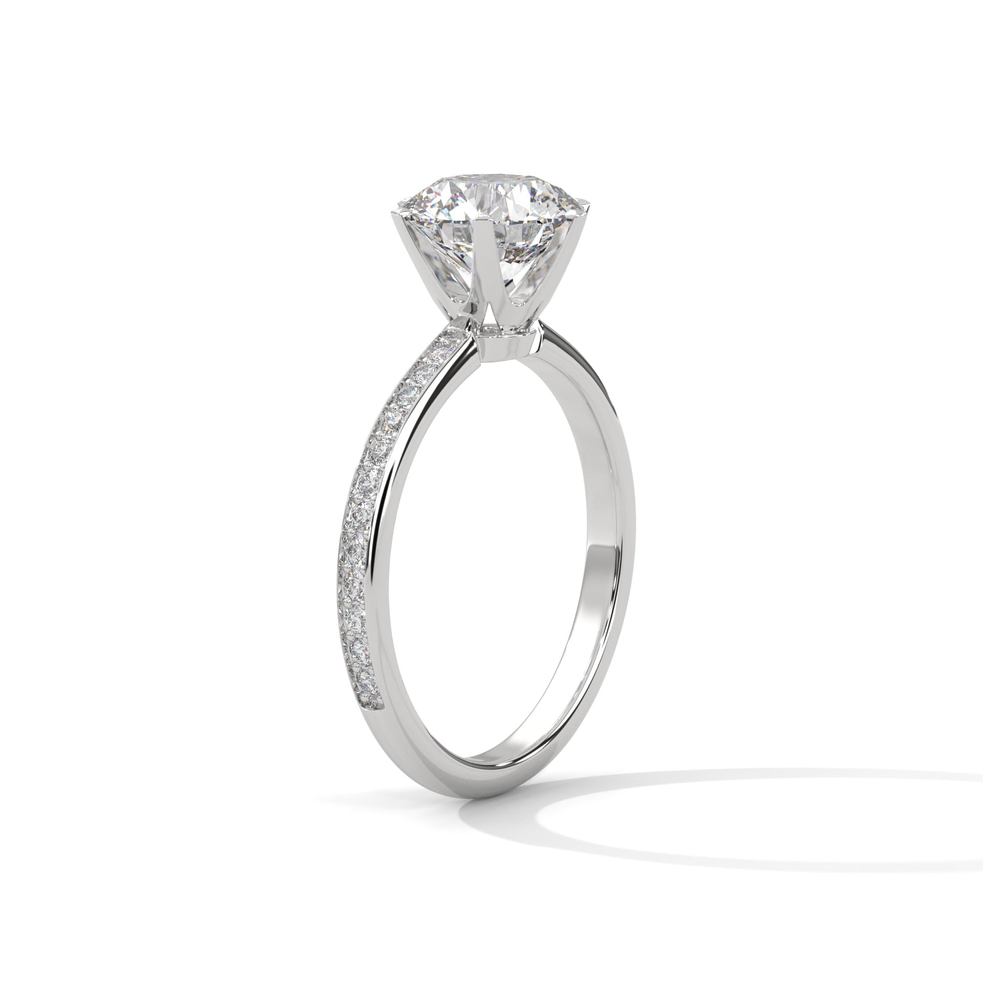 1–3 Carat Round Lab Grown Diamond Solitaire Ring – Pave Band, Six-Prong Setting in 18K Gold
