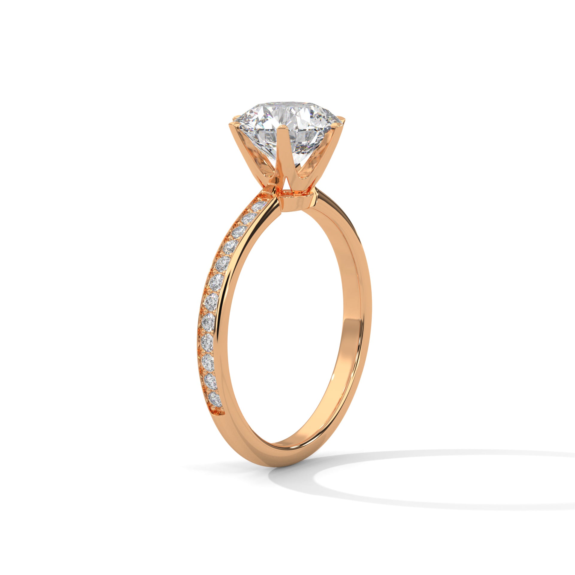 1–3 Carat Round Lab Grown Diamond Solitaire Ring – Pave Band, Six-Prong Setting in 18K Gold