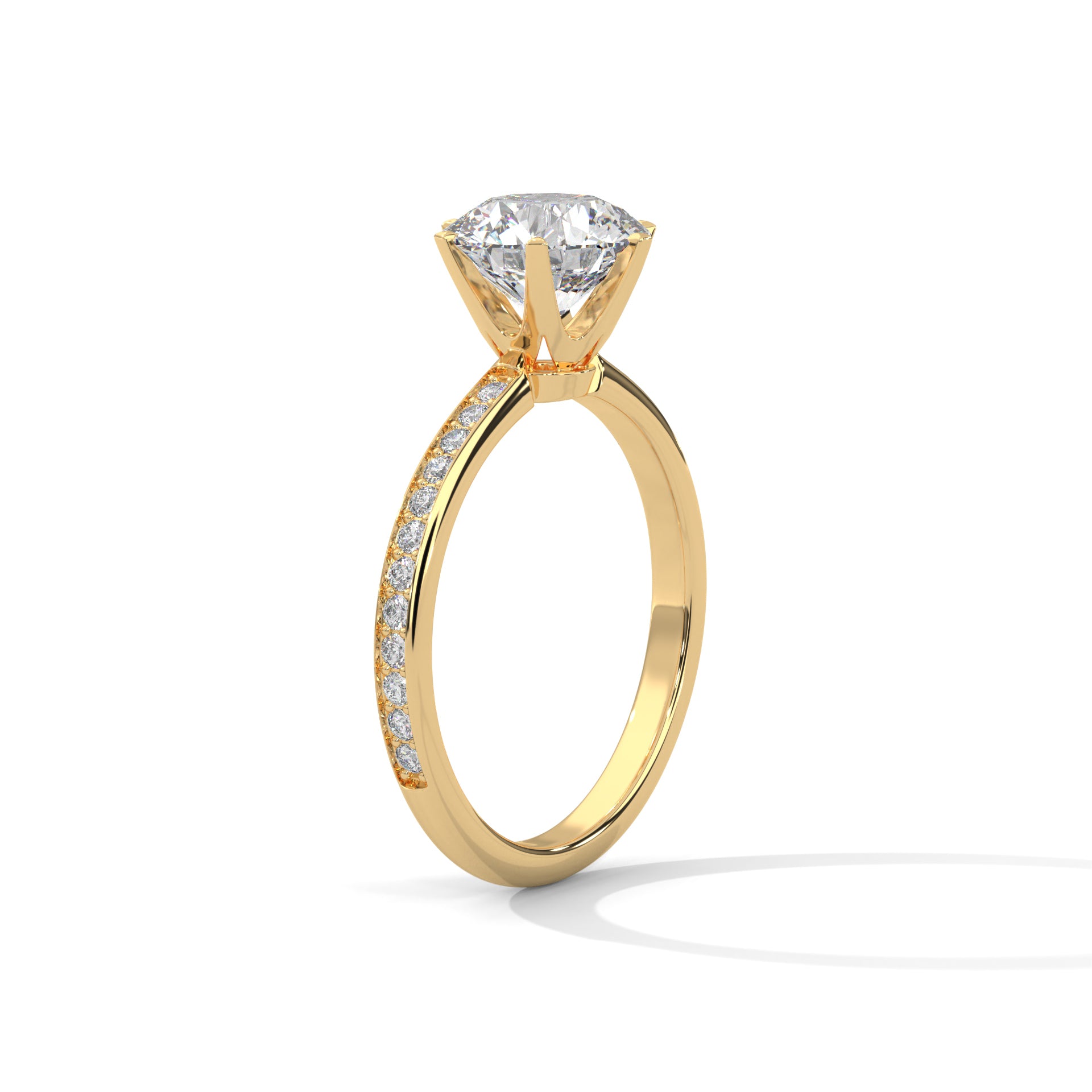 1–3 Carat Round Lab Grown Diamond Solitaire Ring – Pave Band, Six-Prong Setting in 18K Gold